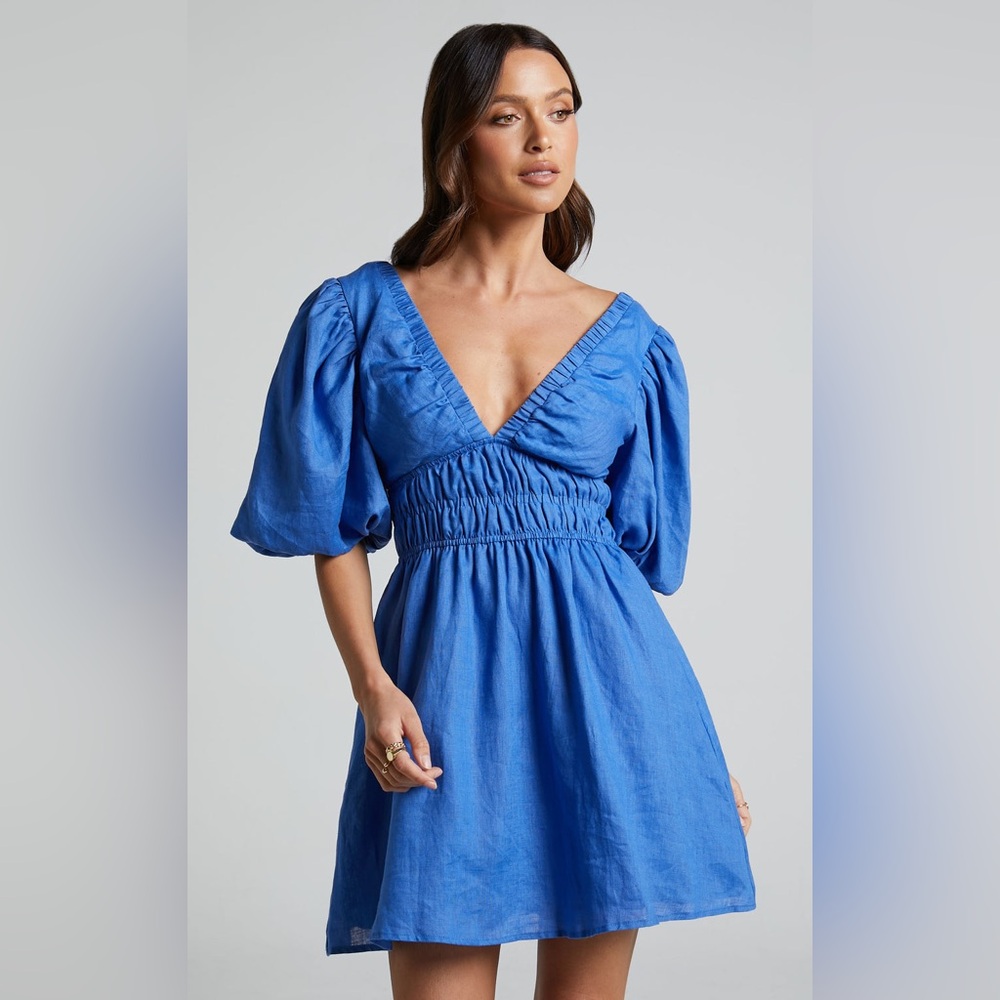 ▪️AMALIE THE LABEL KHAILA LINEN PLUNGE PUFF SLEEVE MINI LINEN DRESS BLUE NWT